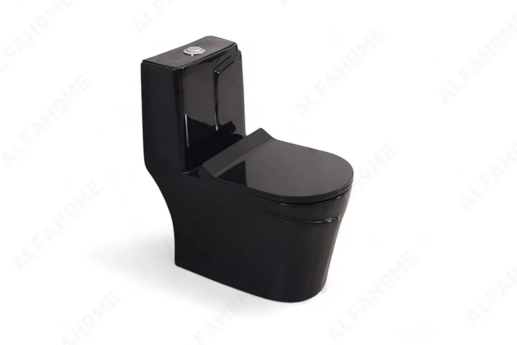 Alfa Premium One Piece Toilet Commode With Soft Closing Toilet Seat - S Trap Outlet (Zed Black) 1022