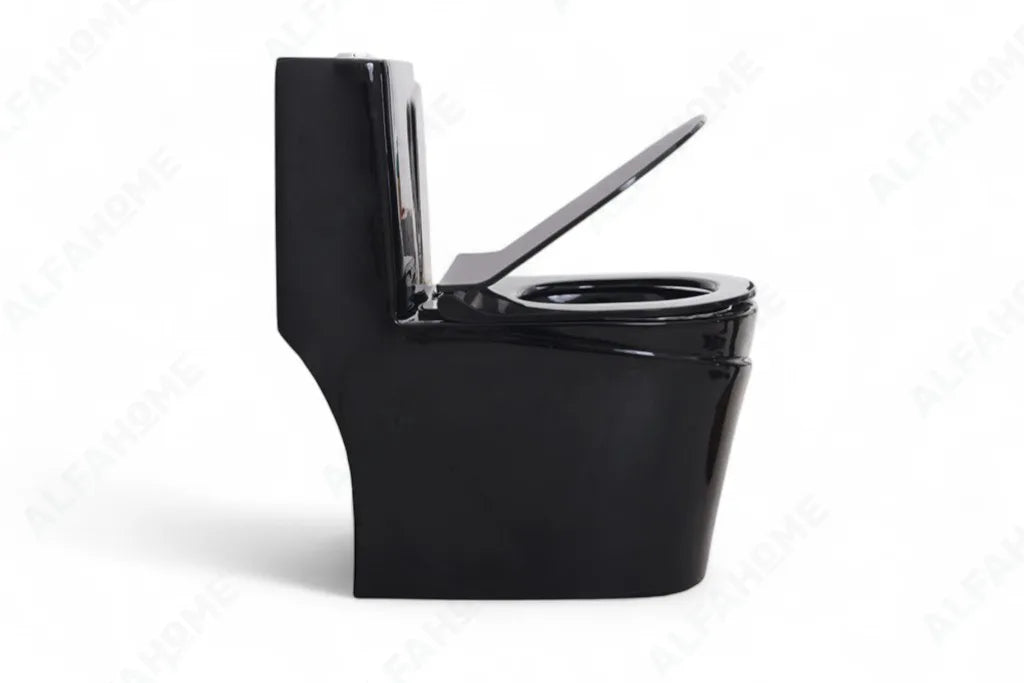 Alfa Premium One Piece Toilet Commode With Soft Closing Toilet Seat - S Trap Outlet (Zed Black) 1022