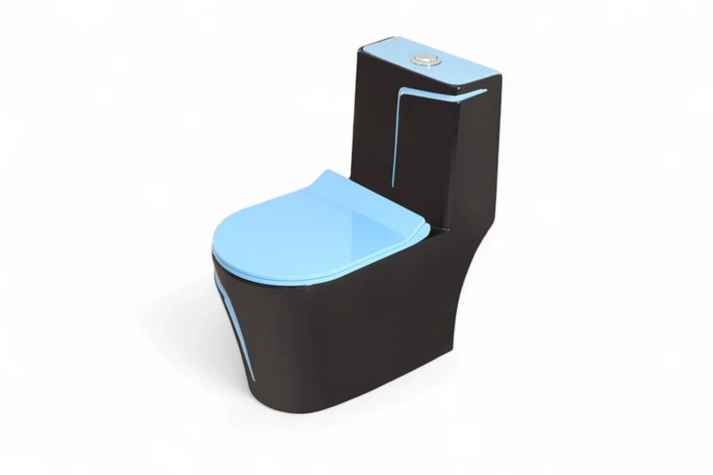 Alfa Premium One Piece Toilet Commode With Soft Closing Toilet Seat - S Trap Outlet (Black & Blue) 1027