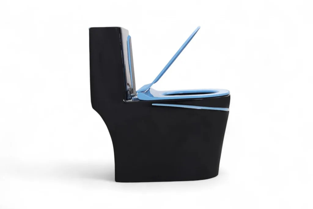 Alfa Premium One Piece Toilet Commode With Soft Closing Toilet Seat - S Trap Outlet (Black & Blue) 1027