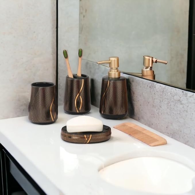BlackGold Marble Design Premium Ceramic Soap Dispenser Including 4 Piece