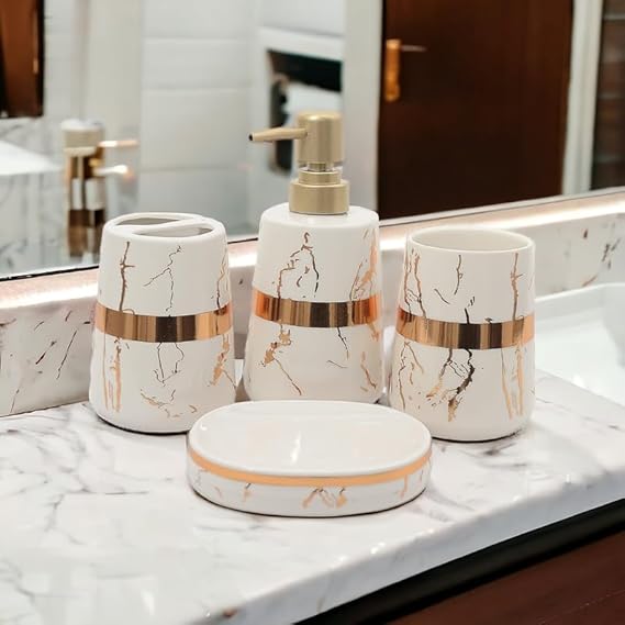 Golden Marble Design Premium Ceramic Soap Dispenser Including 4 Piece