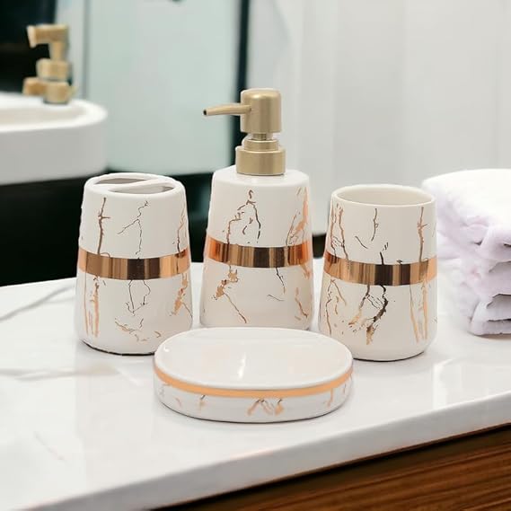 Golden Marble Design Premium Ceramic Soap Dispenser Including 4 Piece