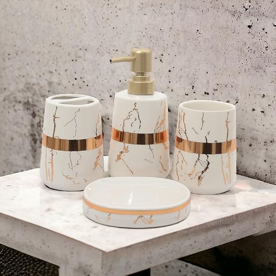 Golden Marble Design Premium Ceramic Soap Dispenser Including 4 Piece