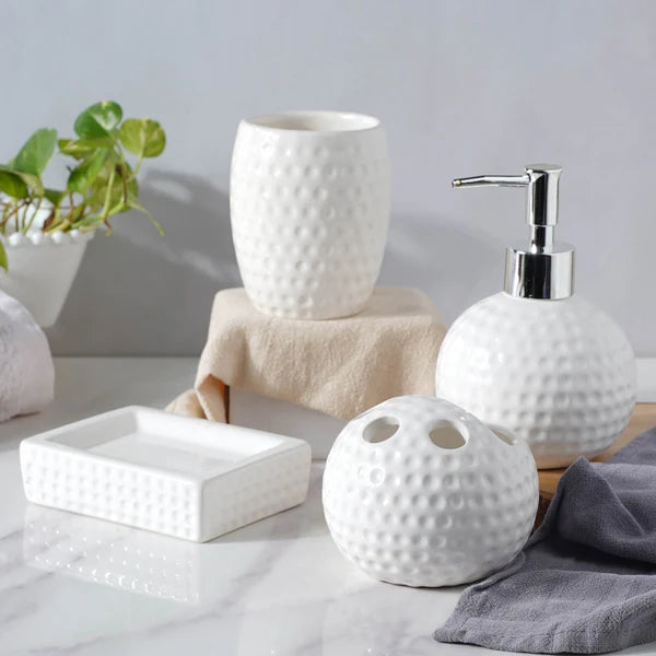 White Marble Design Premium Ceramic Soap Dispenser Including 4 Piece