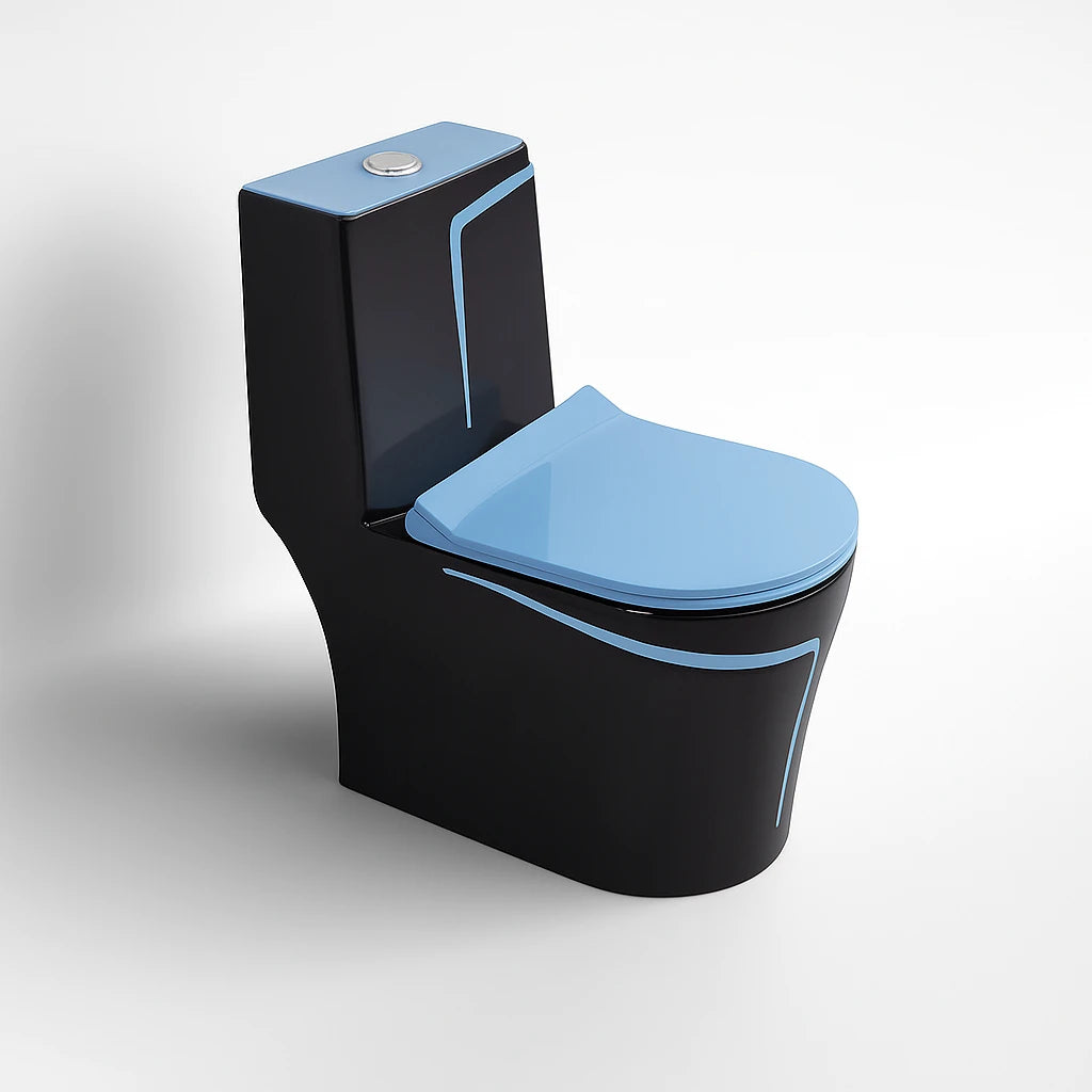 Alfa Premium One Piece Toilet Commode With Soft Closing Toilet Seat - S Trap Outlet (Black & Blue) 1027