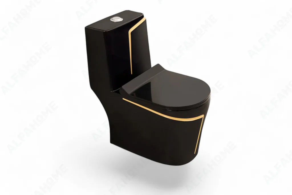 Alfa Premium One Piece Toilet Commode With Soft Closing Toilet Seat - S Trap Outlet (Black & Yellow) 1010
