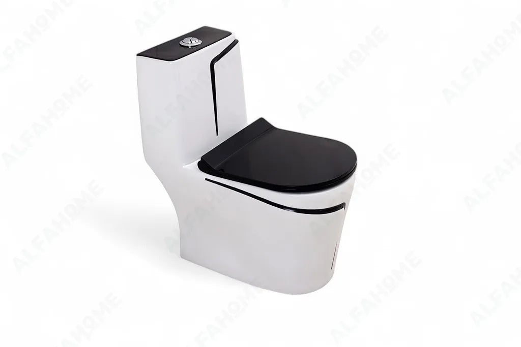 Alfa Premium One Piece Toilet Commode With Soft Closing Toilet Seat - S Trap Outlet (White & Black Line) 1001