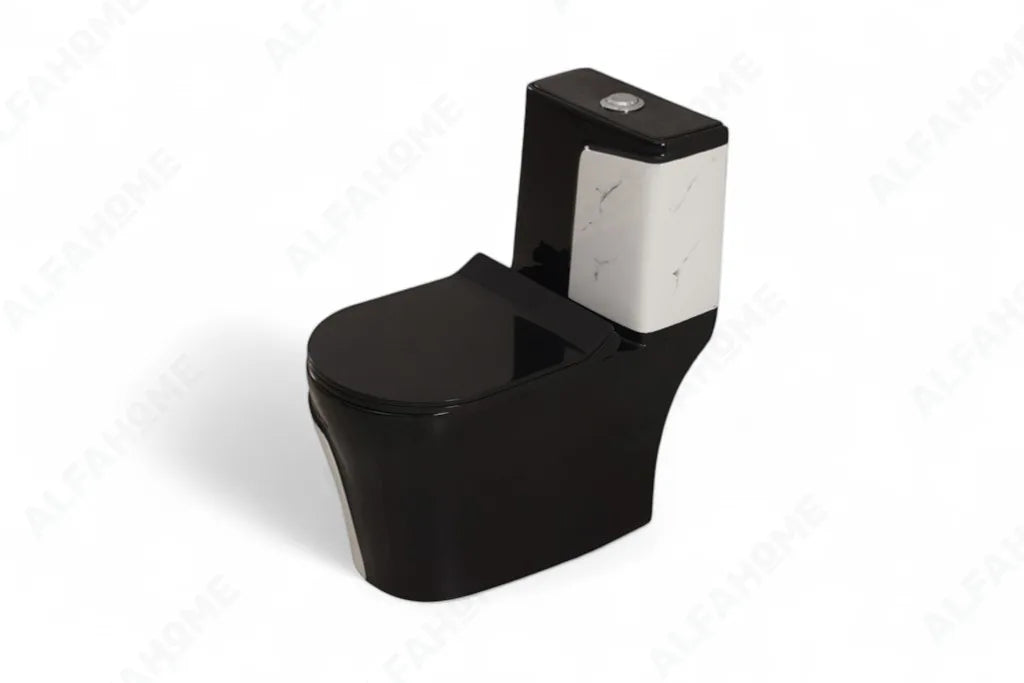 Alfa Premium One Piece Toilet Commode With Soft Closing Toilet Seat - S Trap Outlet (Black & Blue) 1014