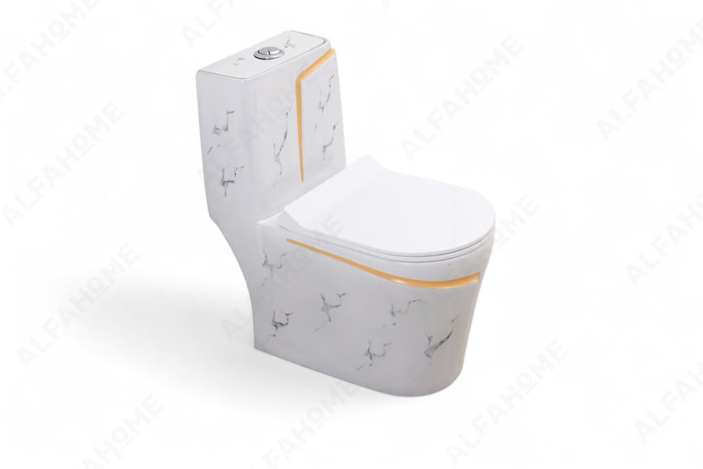 Alfa Premium One Piece Toilet Commode With Soft Closing Toilet Seat - S Trap Outlet (White Sataurio + Yellow ) 1008