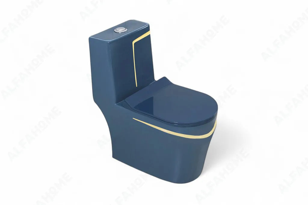 Alfa Premium One Piece Toilet Commode With Soft Closing Toilet Seat - S Trap Outlet (Royal Blue & Yellow) 1026