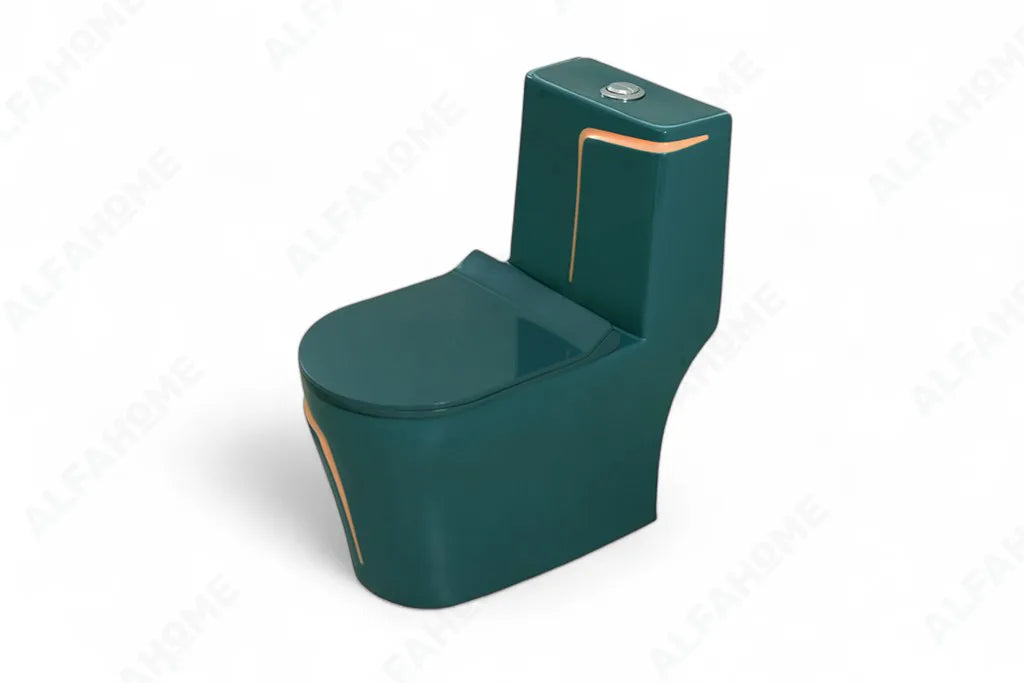 Alfa Premium One Piece Toilet Commode With Soft Closing Toilet Seat - S Trap Outlet (Green + Yellow) 1028
