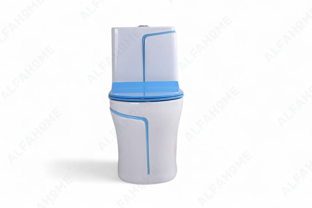 Alfa Premium One Piece Toilet Commode With Soft Closing Toilet Seat - S Trap Outlet (White & Blue Line) 1003