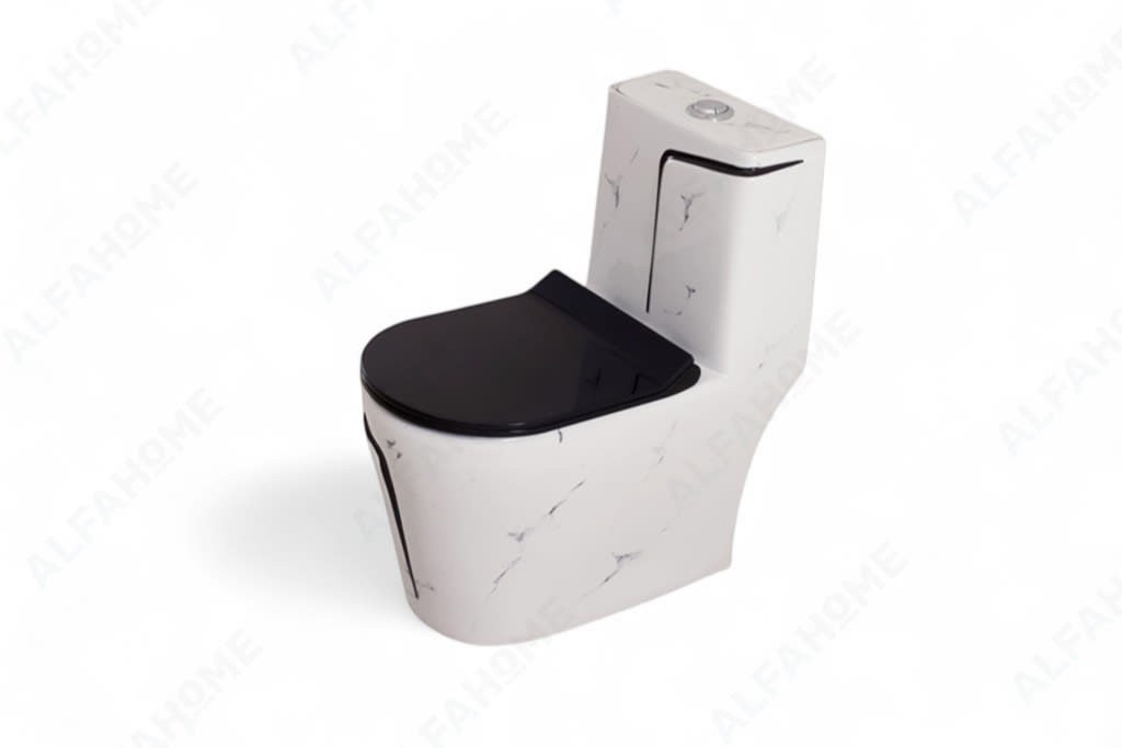 Alfa Premium One Piece Toilet Commode With Soft Closing Toilet Seat - S Trap Outlet (Black & White) 1007