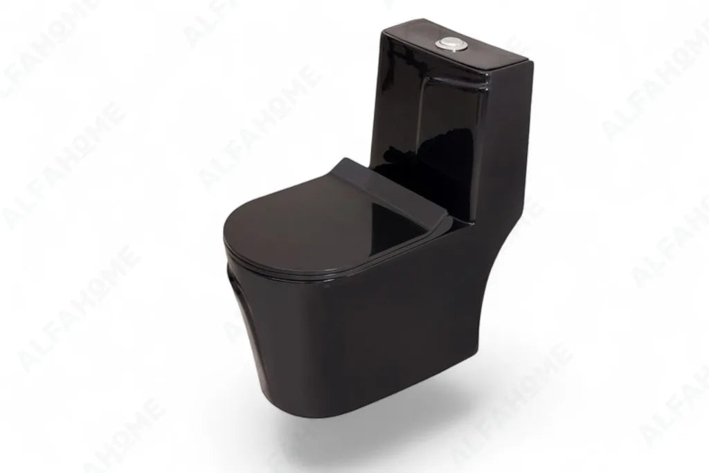 Alfa Premium One Piece Toilet Commode With Soft Closing Toilet Seat - S Trap Outlet (Zed Black) 1022