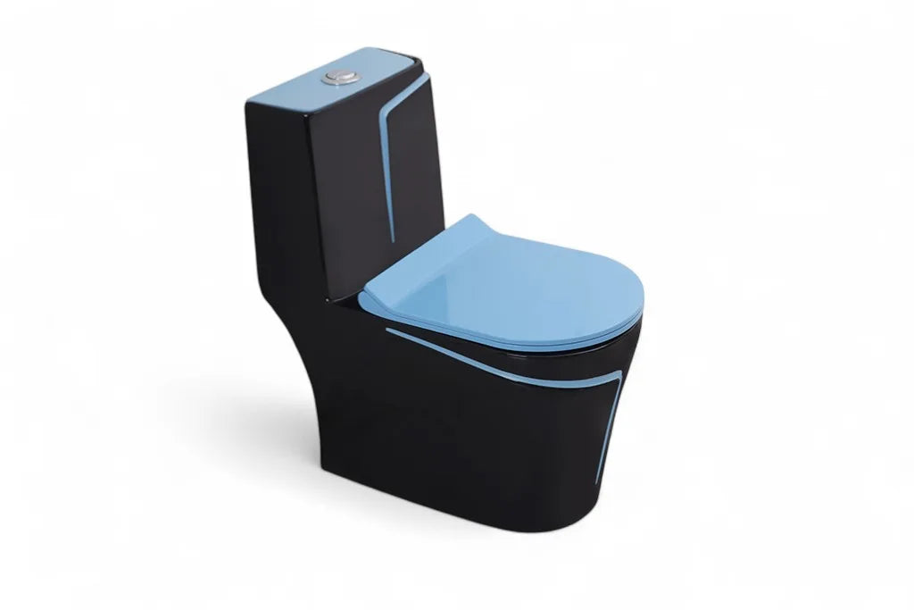 Alfa Premium One Piece Toilet Commode With Soft Closing Toilet Seat - S Trap Outlet (Black & Blue) 1027