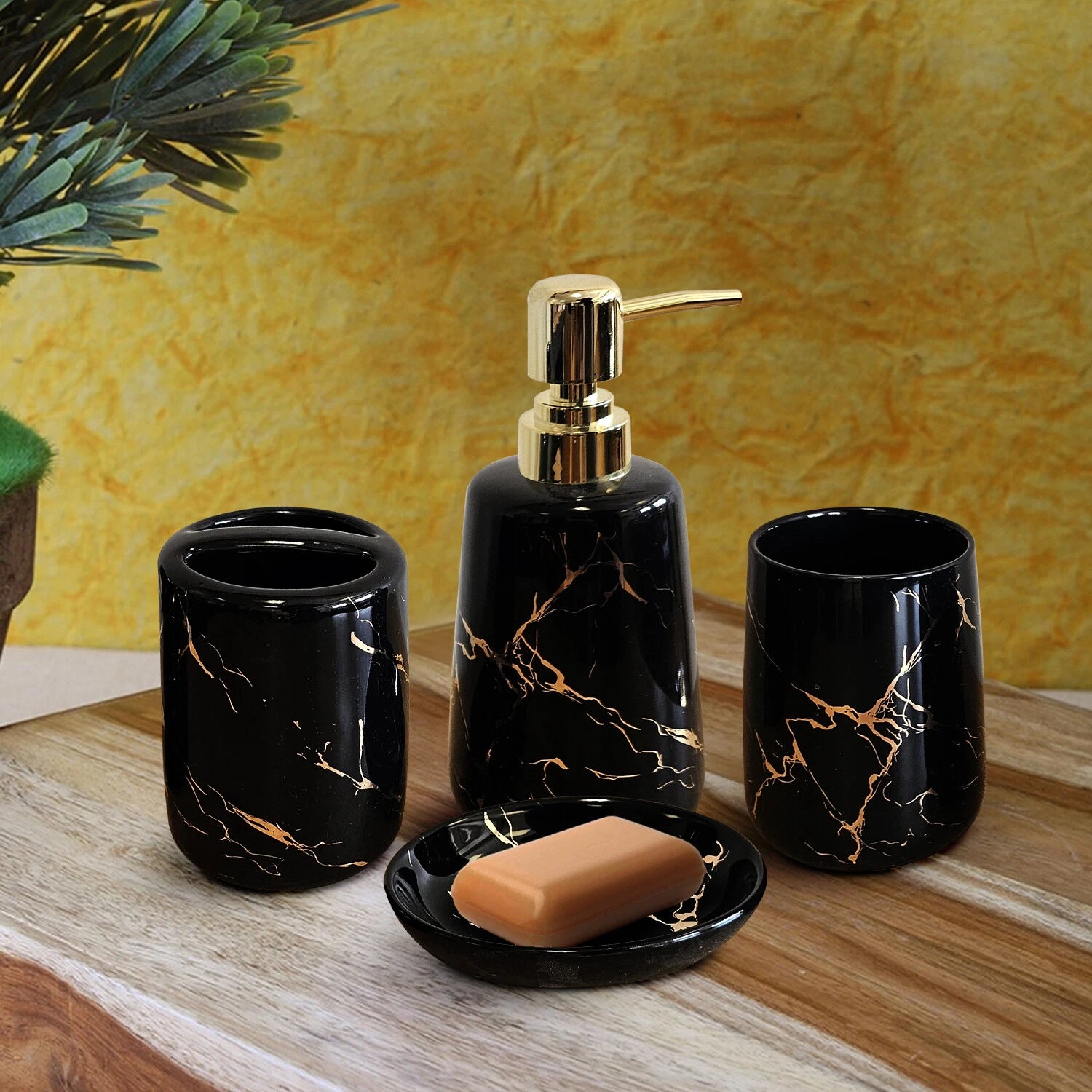 Black Marble Design Premium Ceramic Soap Dispenser Including 4 Piece